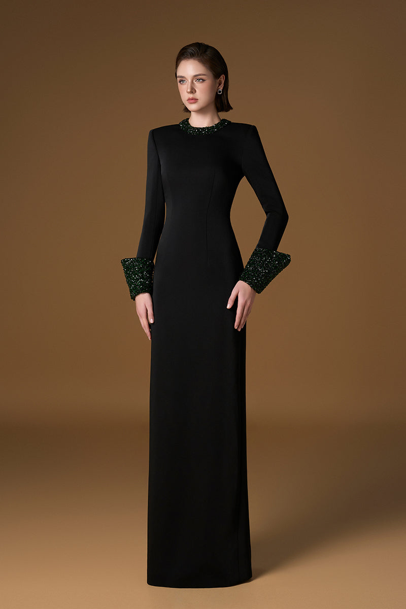 Round Neck Coulmn Gown With Turn-Up Cuff In Black Crepe And Satin Silk