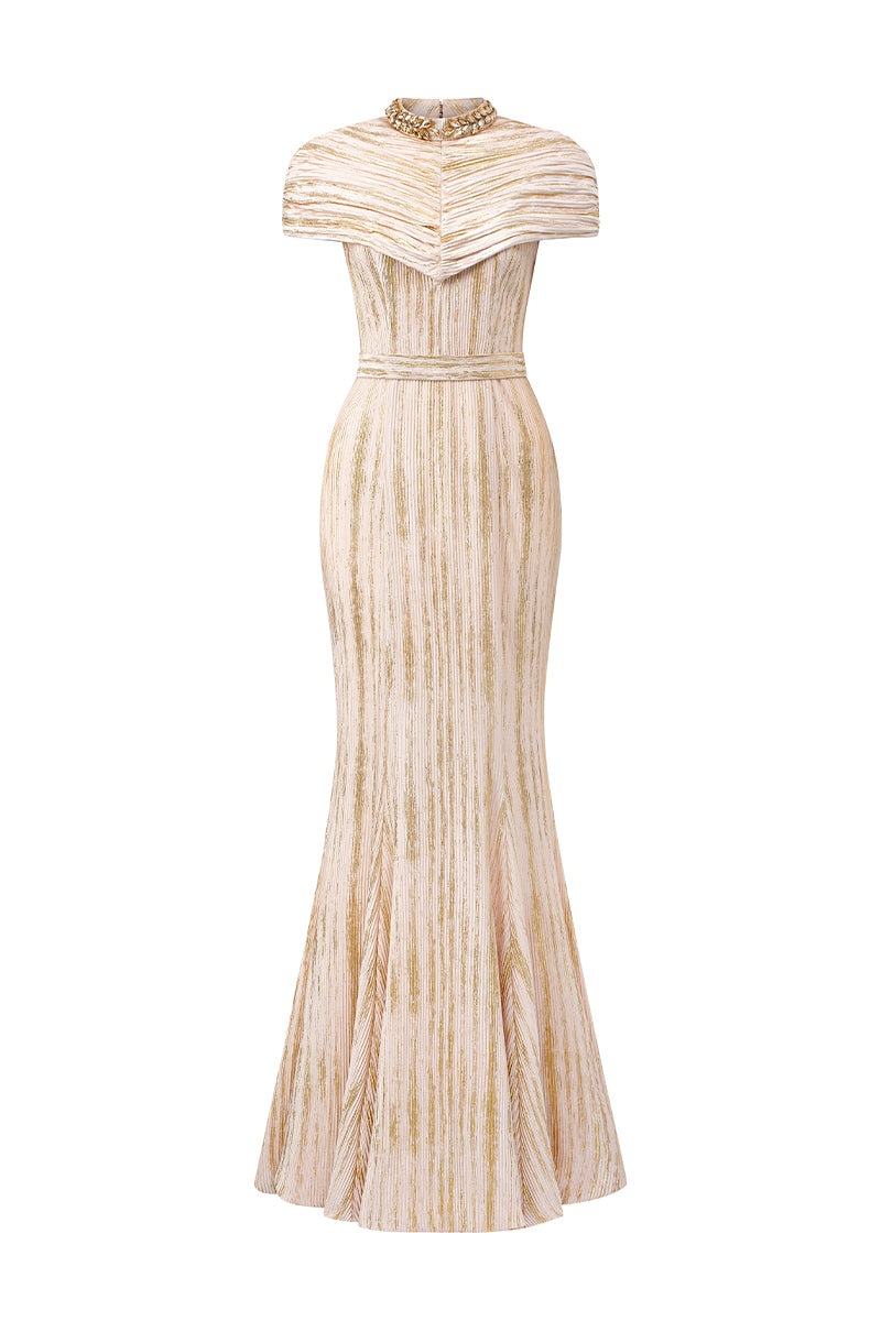 Round Neck Mermaid Gown With Wrapped-around Shoulder In Pleated Beige Jersey