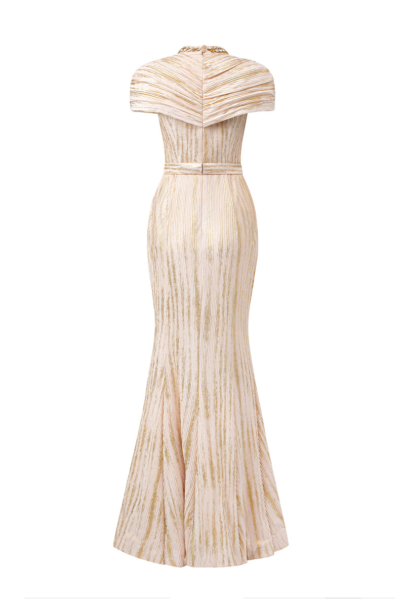 Round Neck Mermaid Gown With Wrapped-around Shoulder In Pleated Beige Jersey