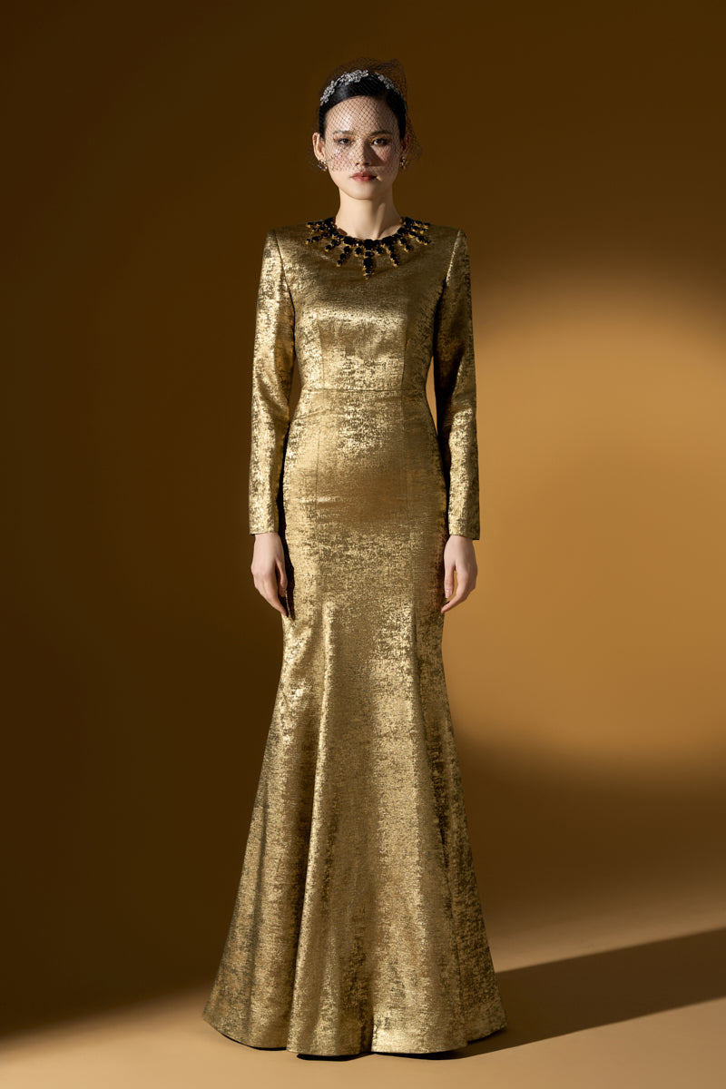 Turtleneck Collar Mermaid Gown With Puff Sleeves