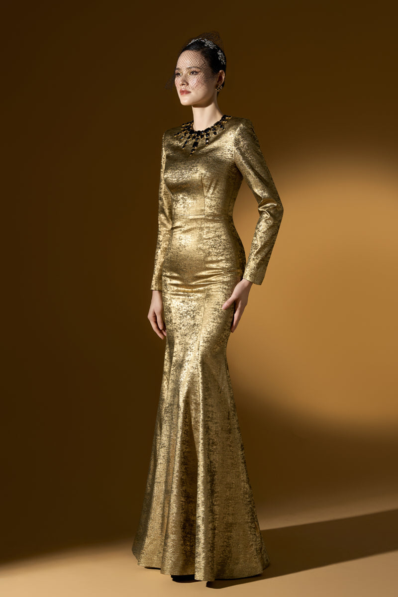 Turtleneck Collar Mermaid Gown With Puff Sleeves