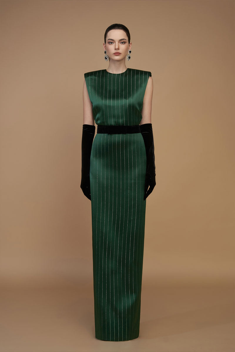 Round Neck Power Shoulder Stripped Column Gown In Green