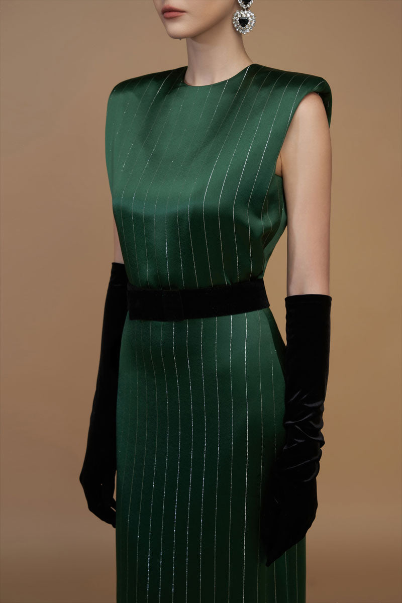 Round Neck Power Shoulder Stripped Column Gown In Green