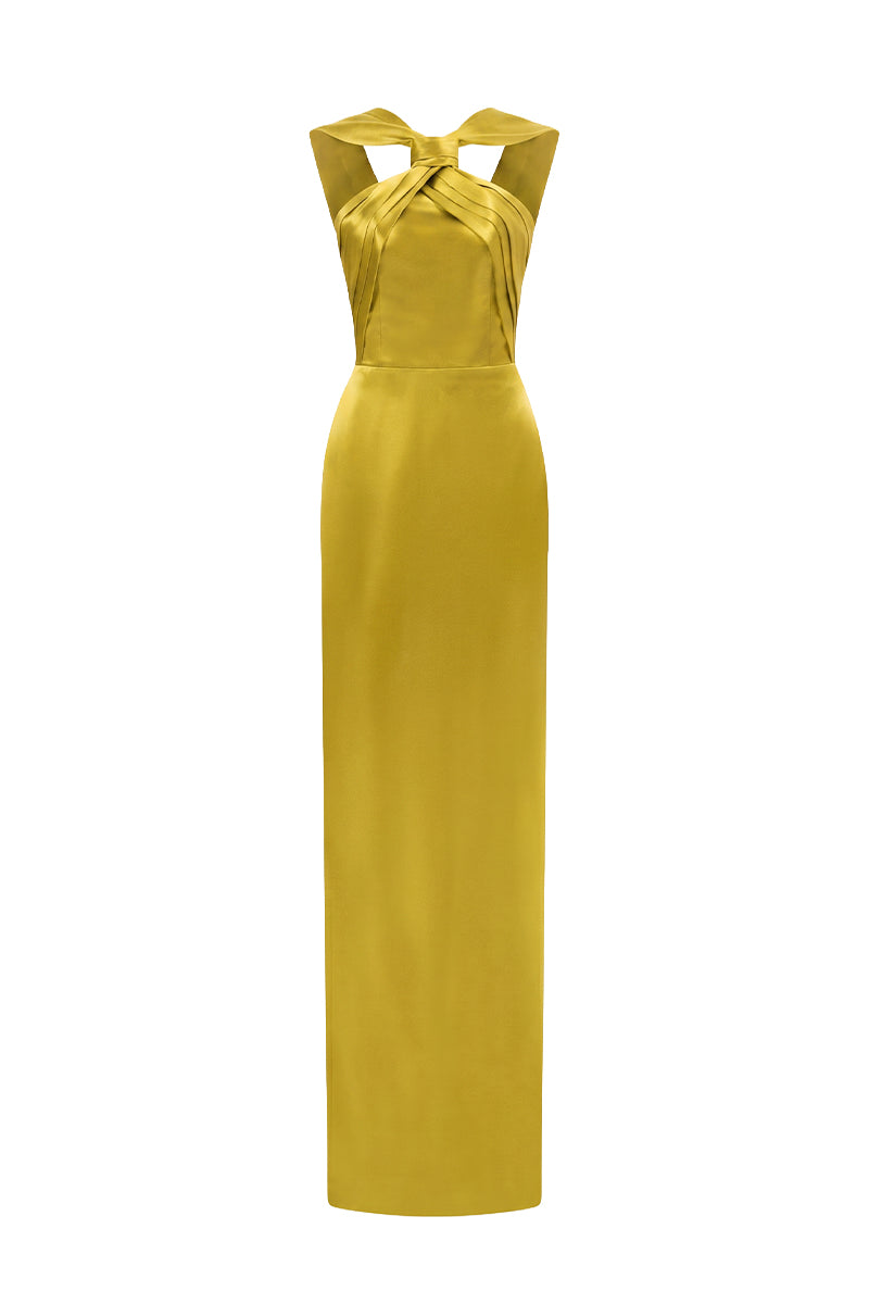 Gold Satin Silk Dress With A Ruched Neckline And Tie