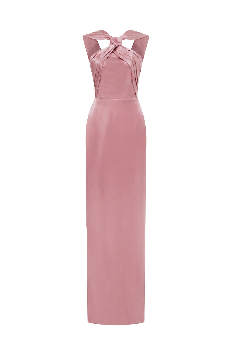 Light Pink Satin Silk Dress With A Ruched Neckline And Tie