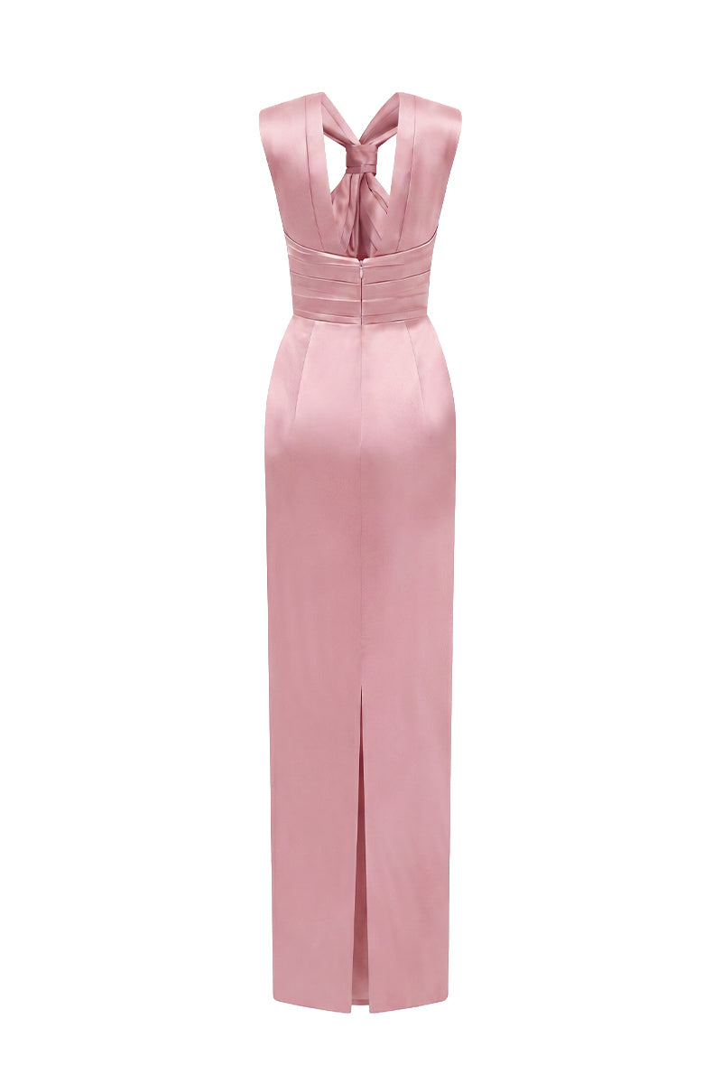 Light Pink Satin Silk Dress With A Ruched Neckline And Tie