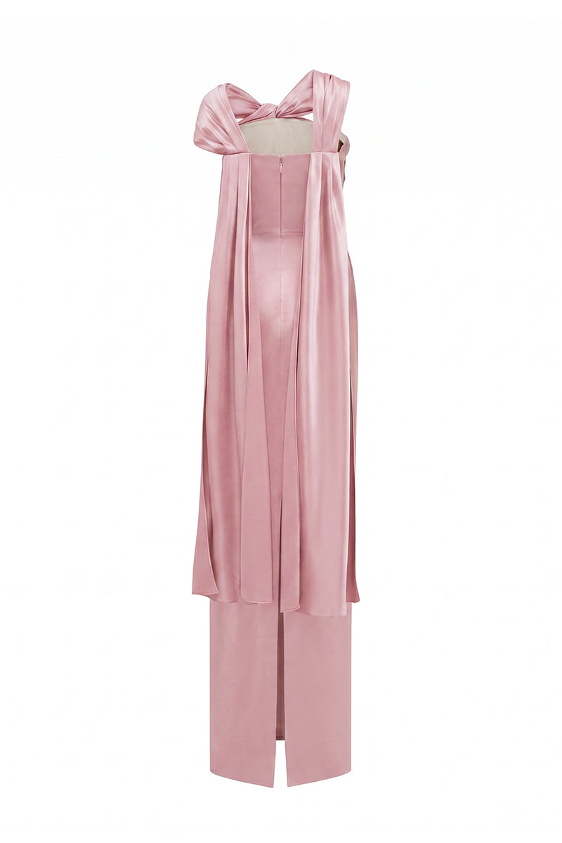 Light Pink Satin Silk Dress With Twisted Cross And Pleated Drape
