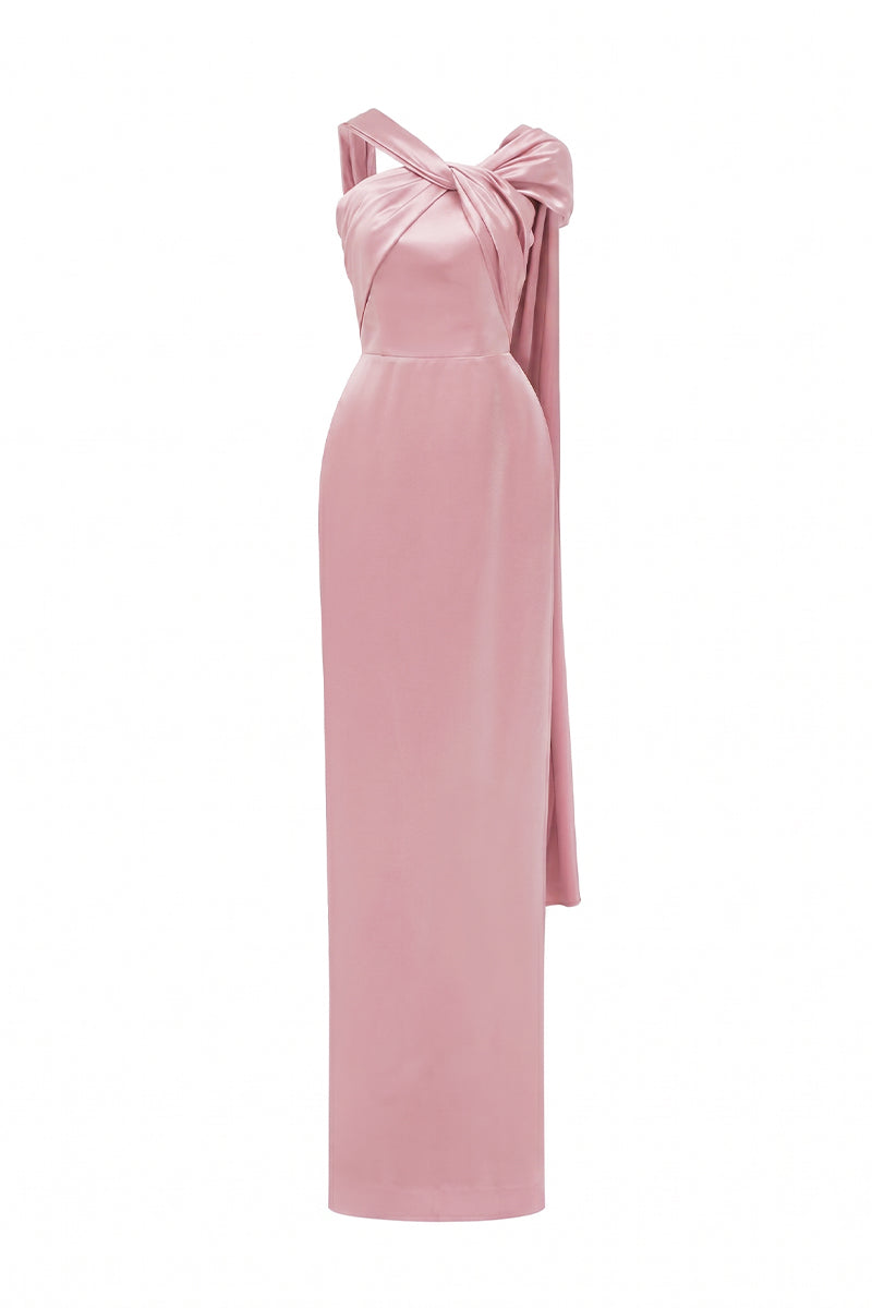 Light Pink Satin Silk Dress With Twisted Cross And Pleated Drape