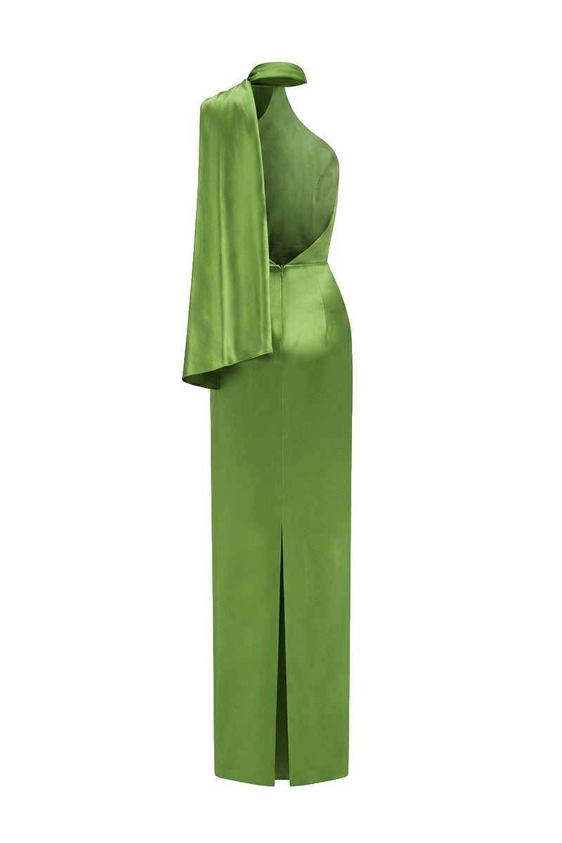 Green Satin Silk Halter Dress With Cross Detail And Pleated Drape