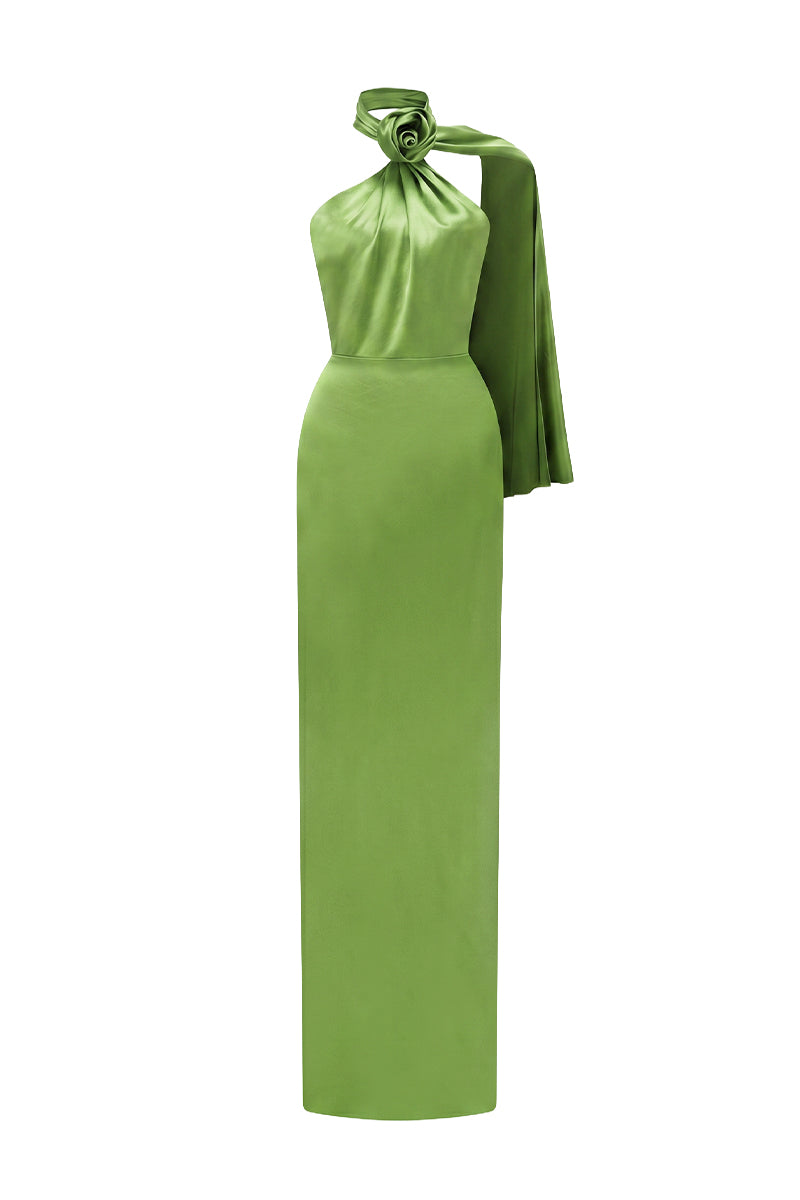 Green Satin Silk Halter Dress With Cross Detail And Pleated Drape
