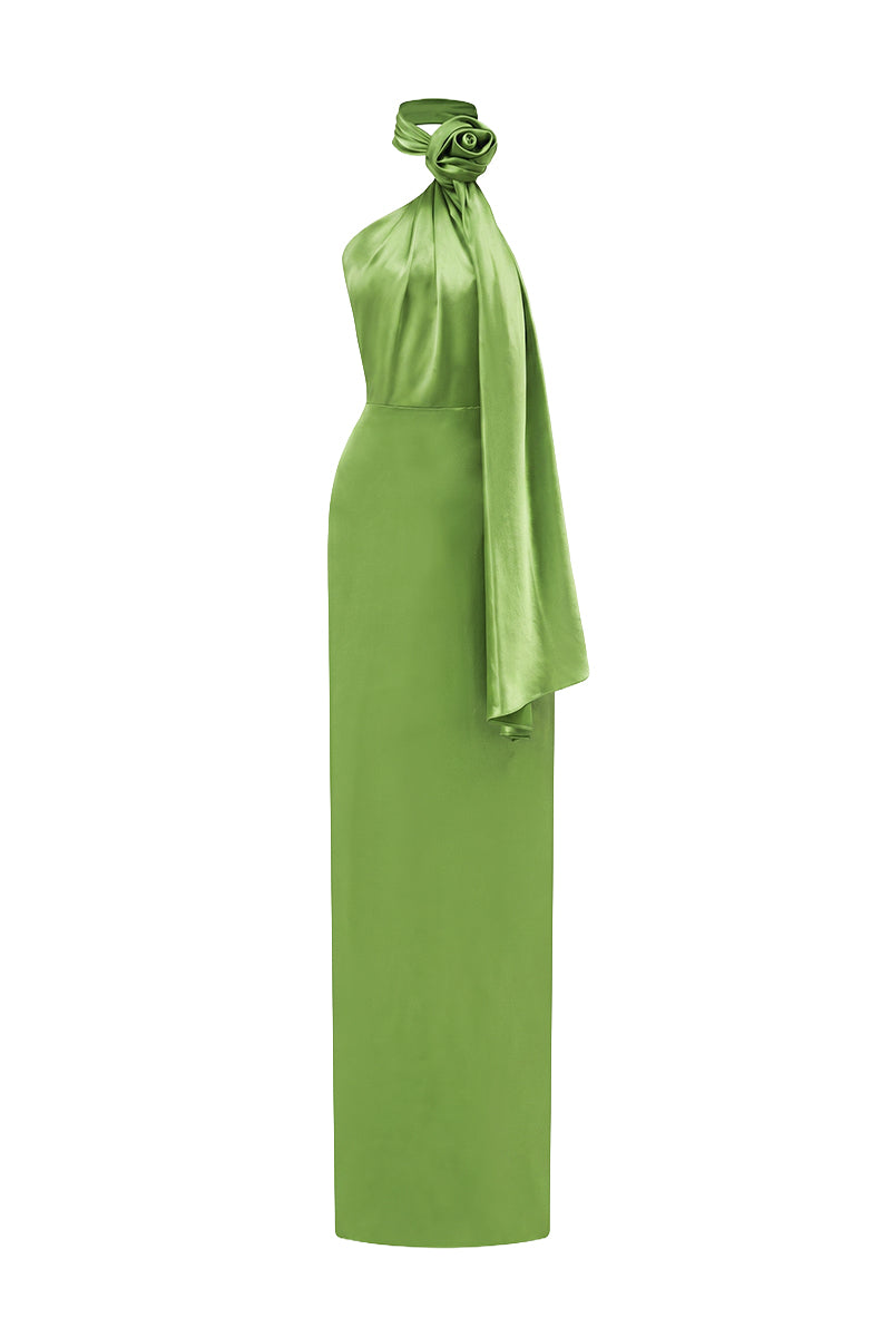Green Satin Silk Halter Dress With Cross Detail And Pleated Drape