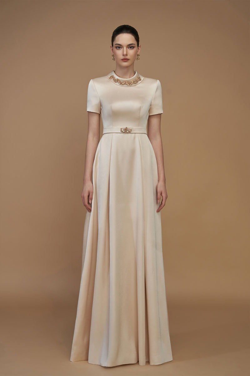 Short Sleeves A-Line Gown With De-Constructed Collar