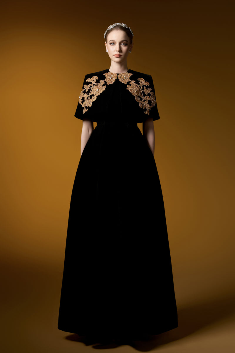 dress with mini cape Sleeveless A-Line Gown With Mini Cape Black-Gold / M