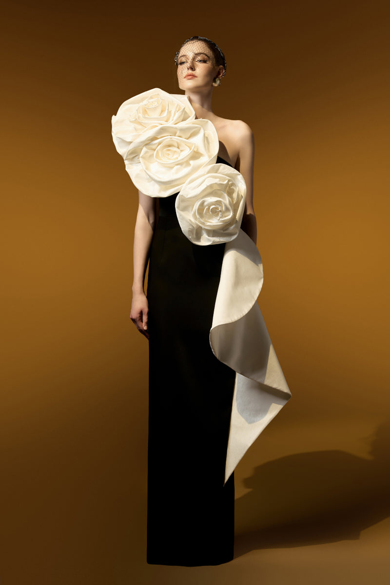 Sleeveless One Shoulder Column Gown With Draped Roses Across Neckline