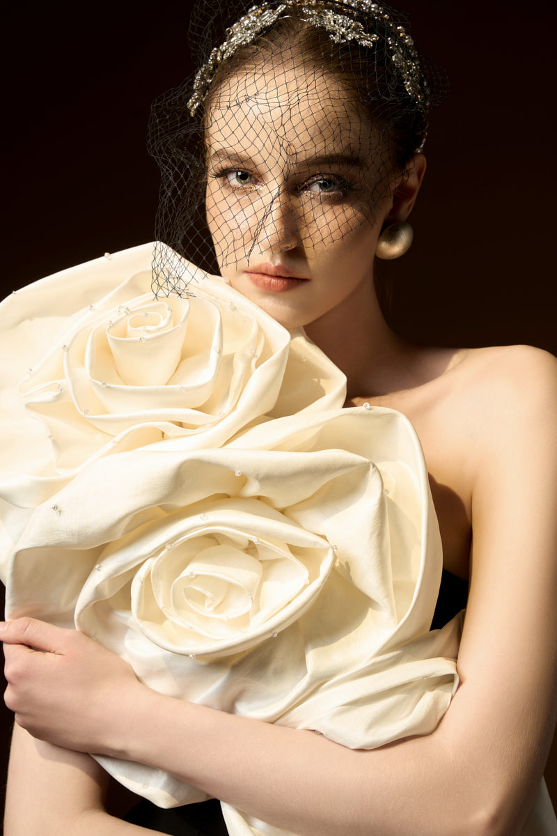Sleeveless One Shoulder Column Gown With Draped Roses Across Neckline