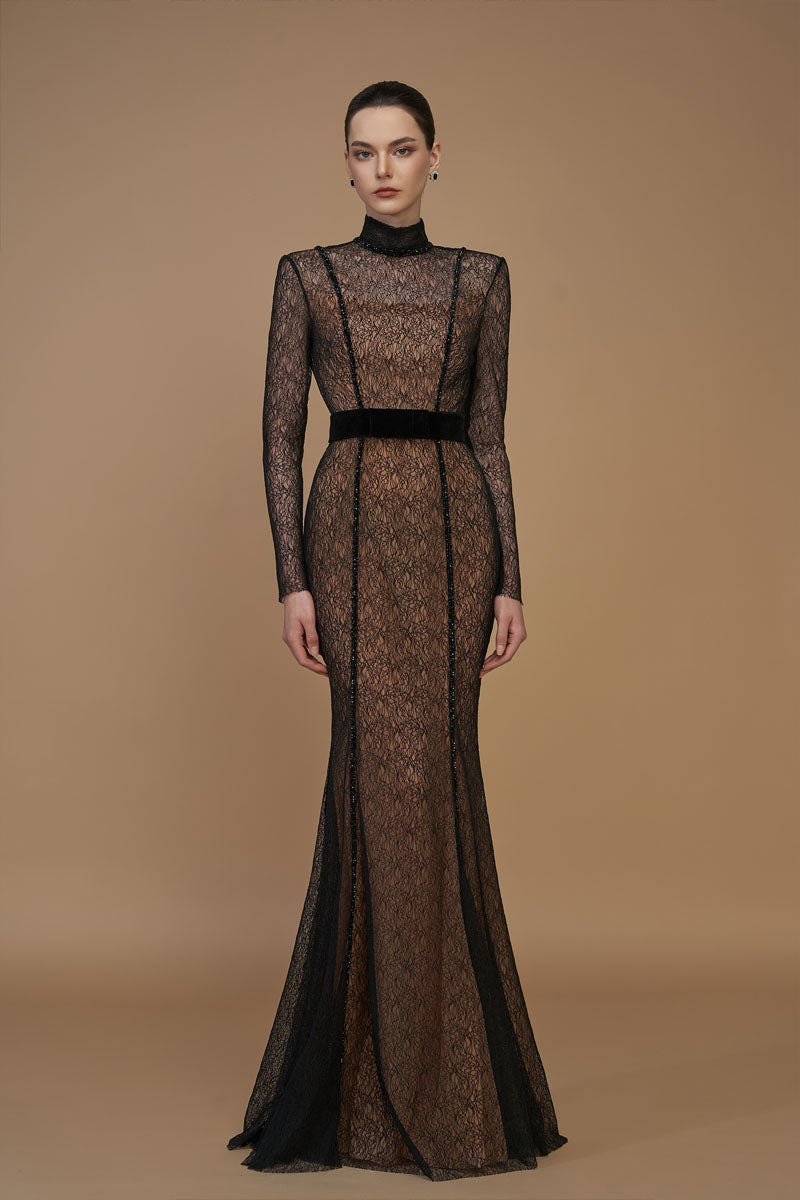 Stand Collar Mermaid Gown With Long Sleeve In Black Lace Black / XS