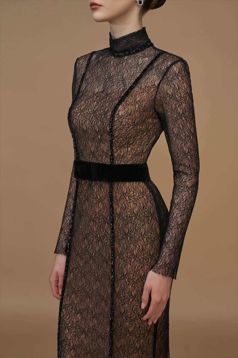 Stand Collar Mermaid Gown With Long Sleeve In Black Lace