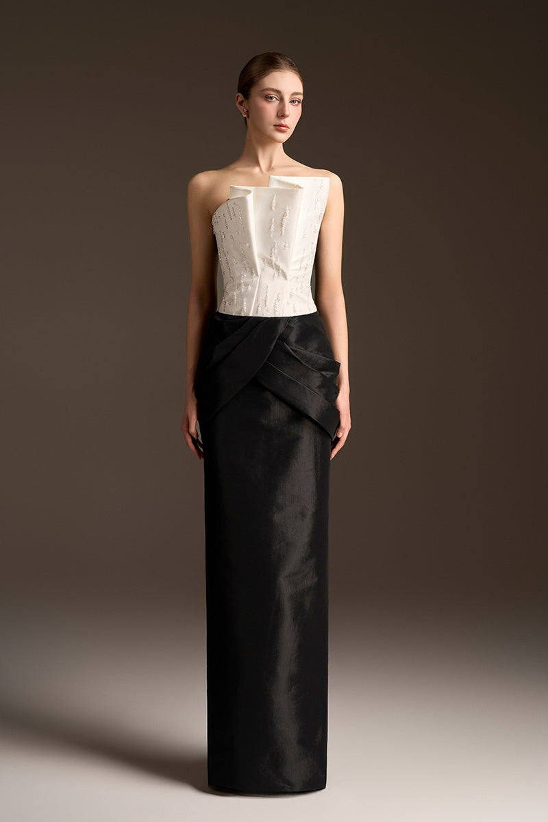 Strap-Draped Sweetheart Dress In White & Black Stretch Taffeta