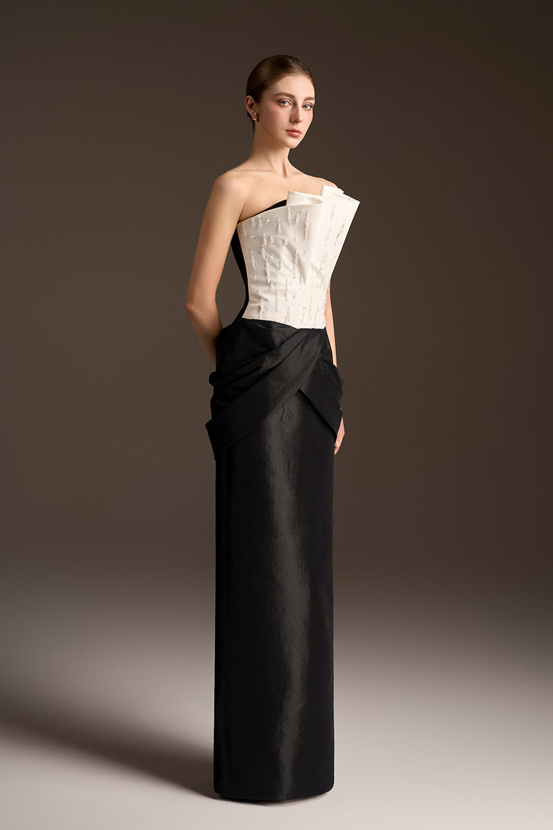 Strap-Draped Sweetheart Dress In White & Black Stretch Taffeta