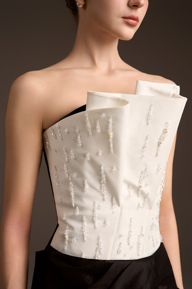 Strap-Draped Sweetheart Dress In White & Black Stretch Taffeta