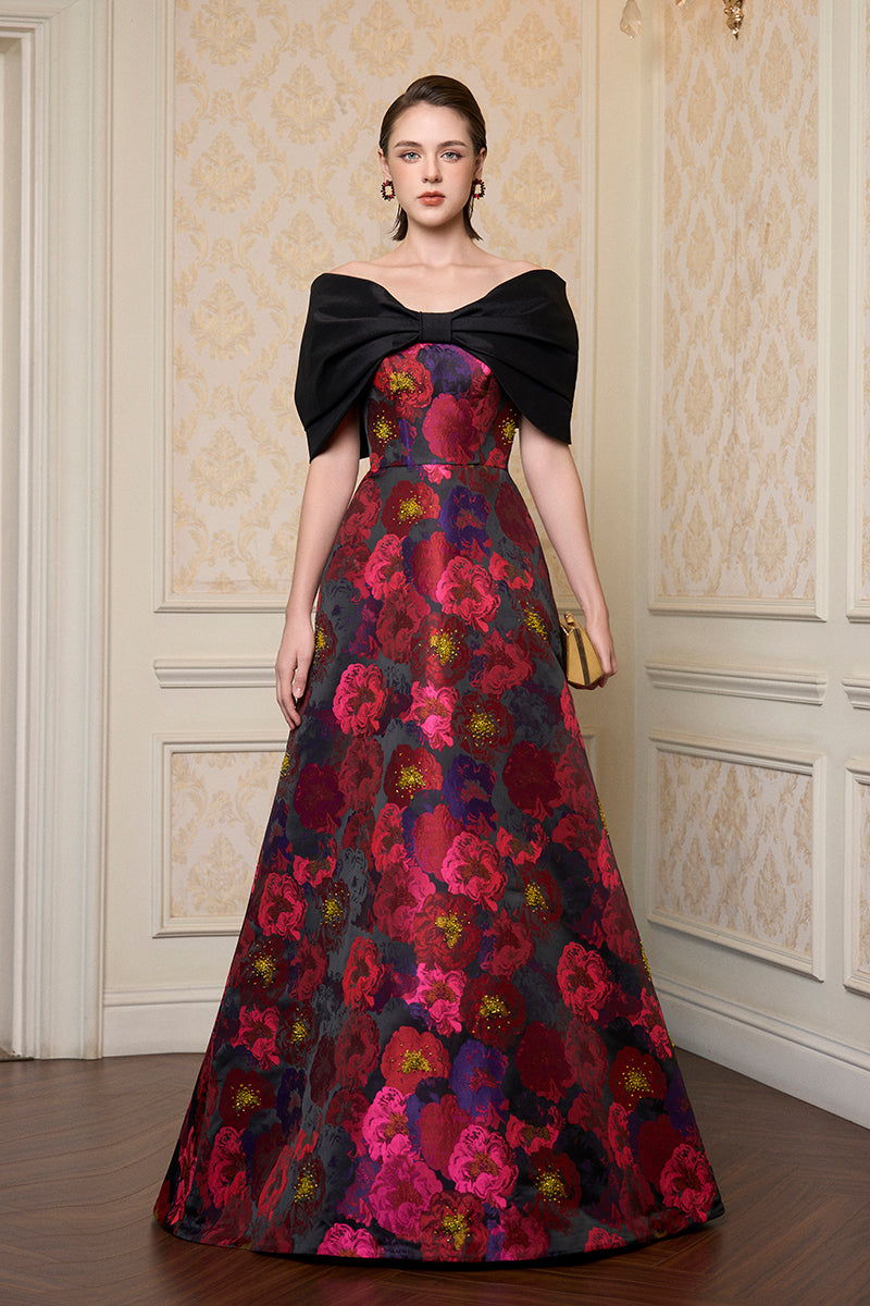 Strapless A-line Gown With Bust Bow In Black Taffeta & Pink Floral Jacquard