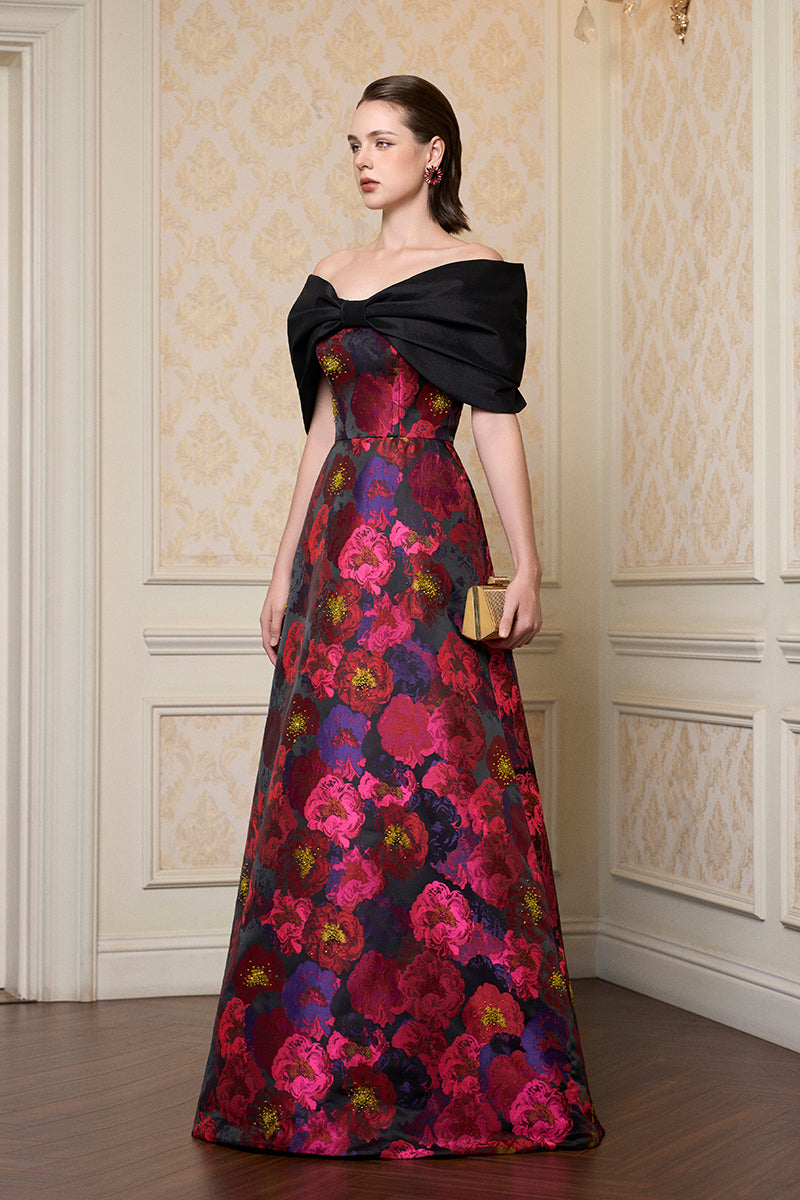 Strapless A-line Gown With Bust Bow In Black Taffeta & Pink Floral Jacquard