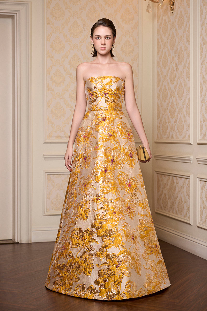 Strapless A-line Gown With Draped Details In Yellow Jacquard