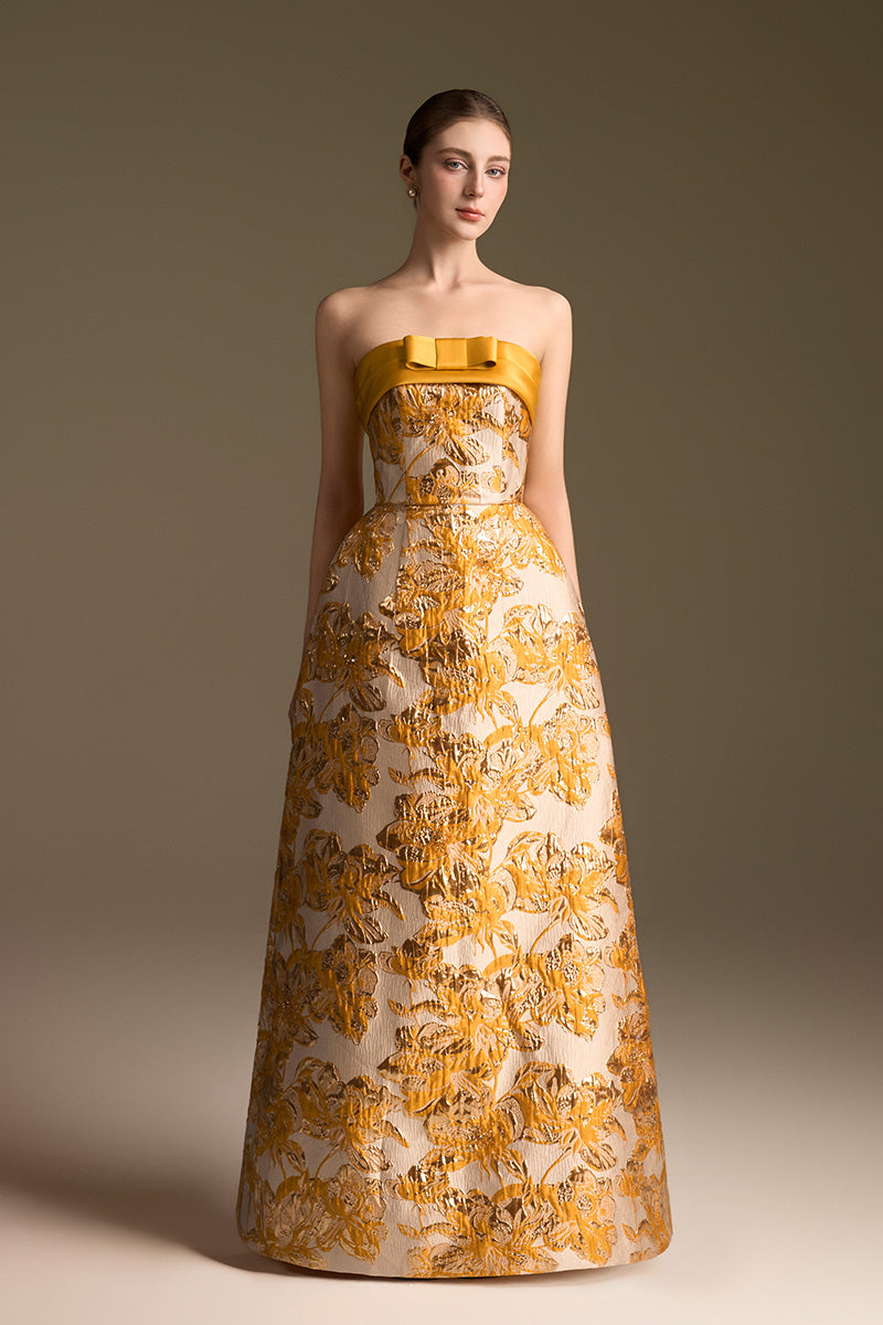 Strapless Ballgown With Draped Bow Detail In Agate Silk And Yellow Jacquard