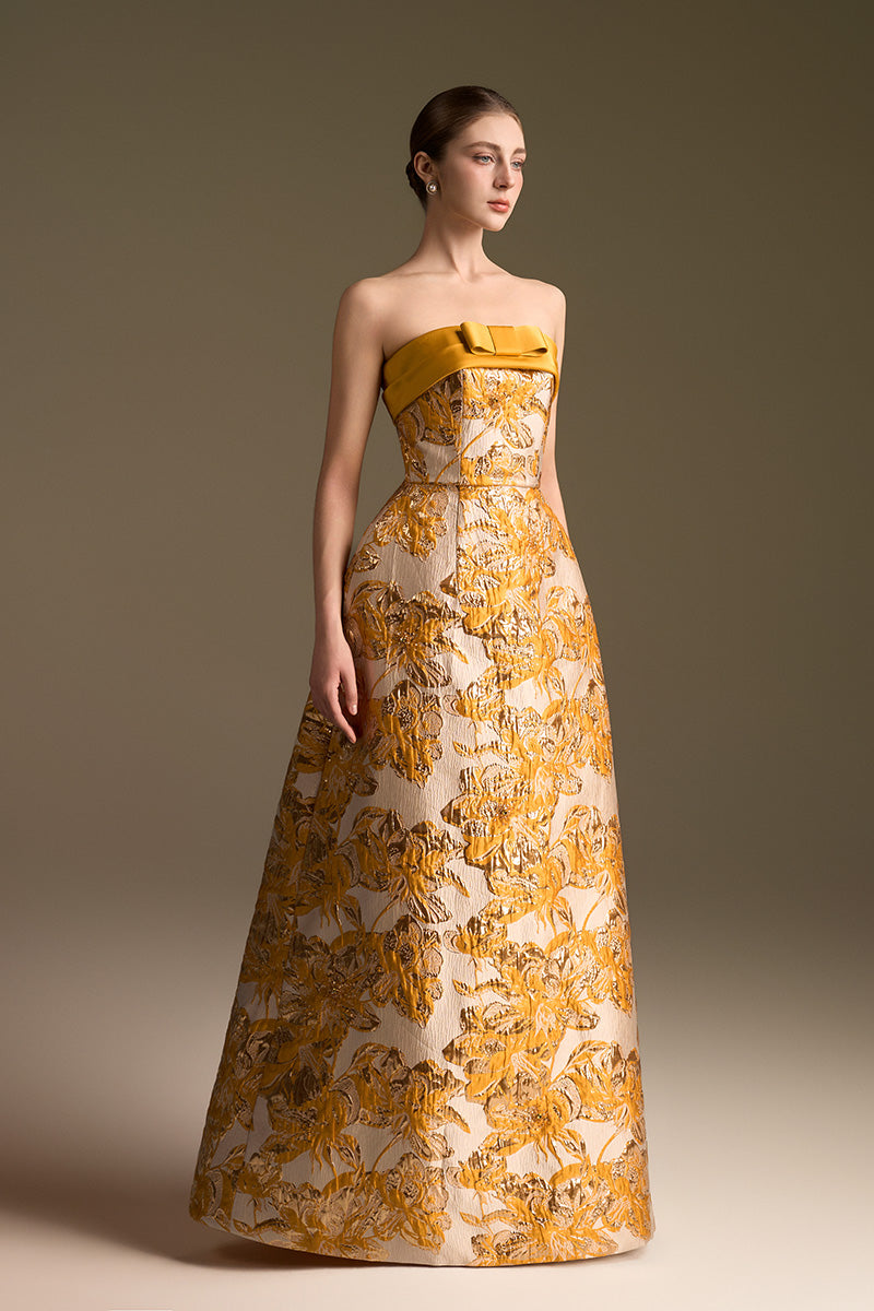 Strapless Ballgown With Draped Bow Detail In Agate Silk And Yellow Jacquard
