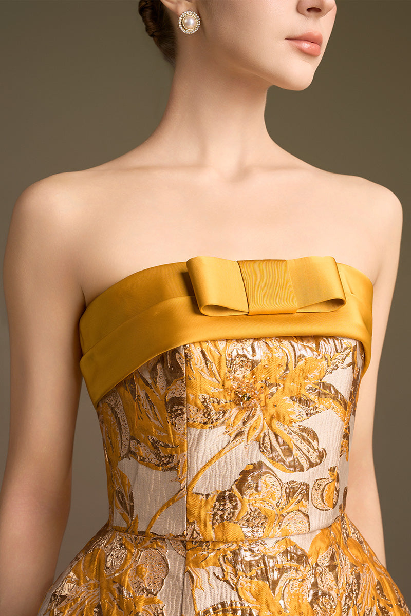 Strapless Ballgown With Draped Bow Detail In Agate Silk And Yellow Jacquard