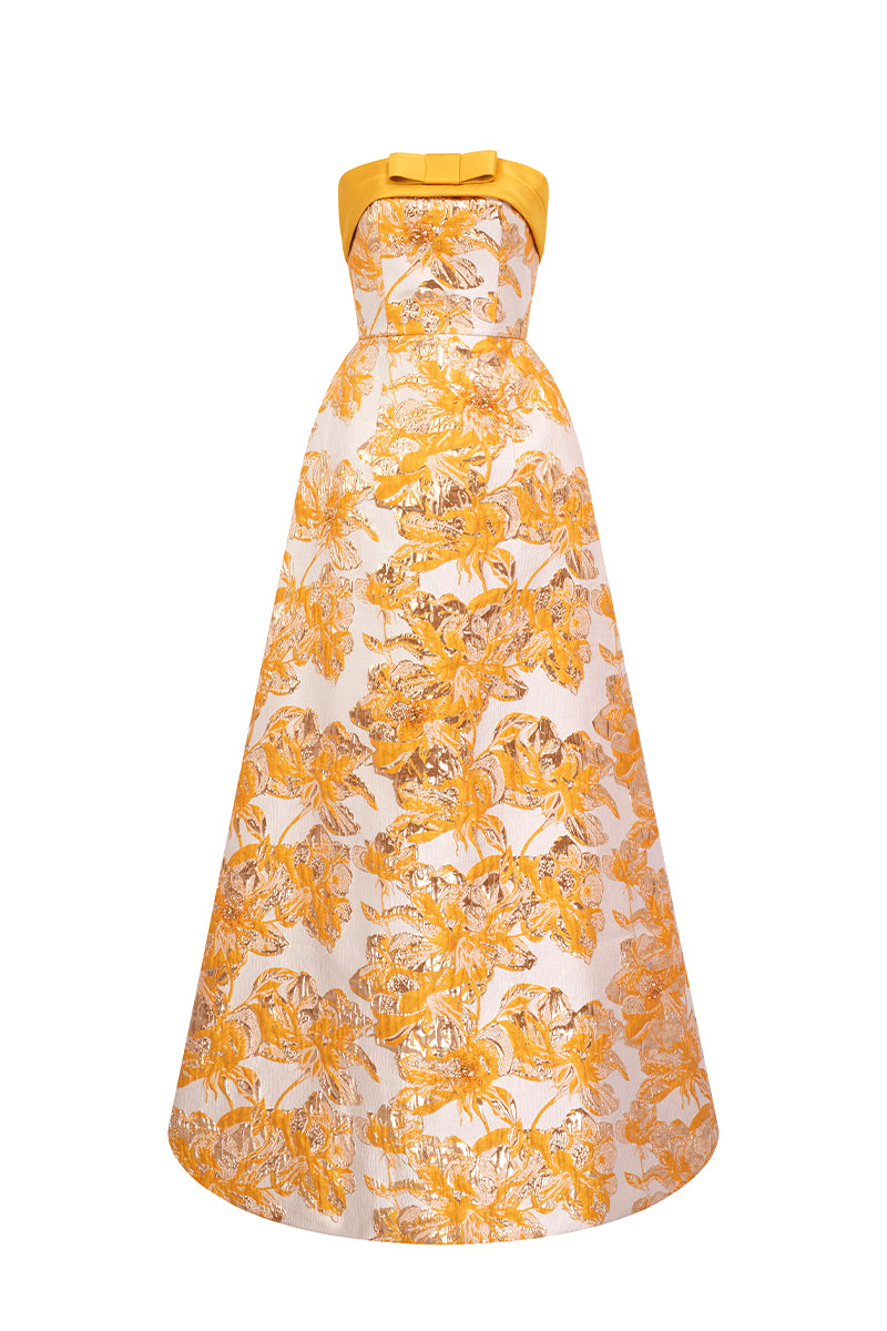 Strapless Ballgown With Draped Bow Detail In Agate Silk And Yellow Jacquard