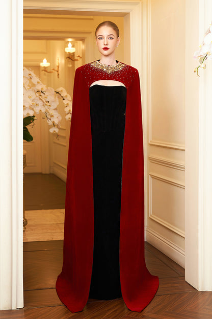 Strapless Burstier Black Velvet Gown With Long Cape