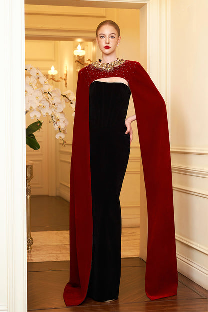 Strapless Burstier Black Velvet Gown With Long Cape