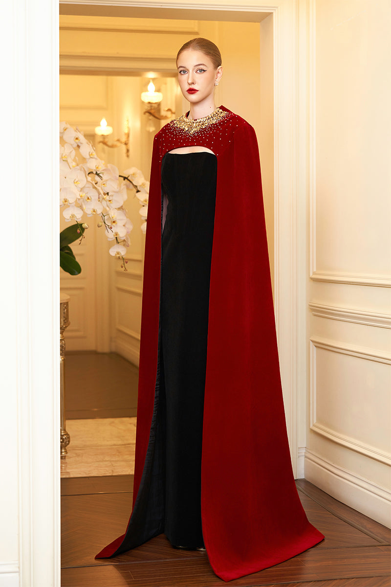 Strapless Burstier Black Velvet Gown With Long Cape