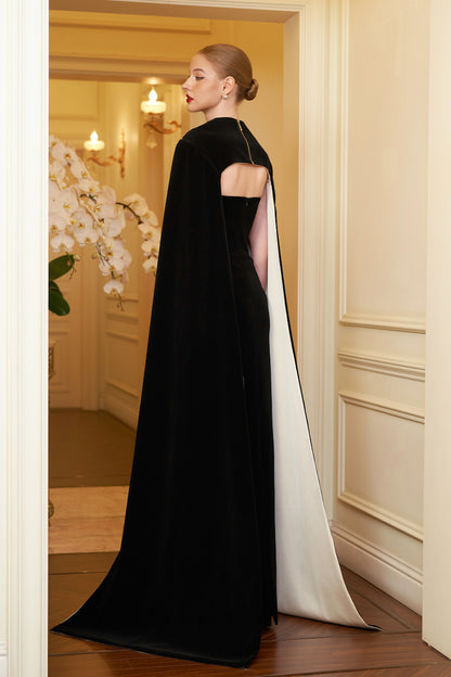 Strapless Bustier Black Velvet Gown With Long Cape