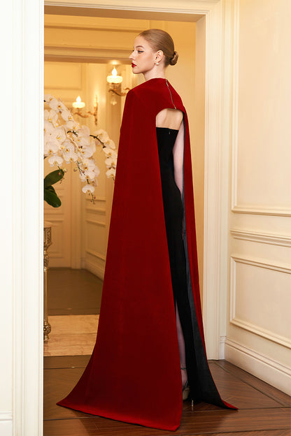 Strapless Burstier Black Velvet Gown With Long Cape