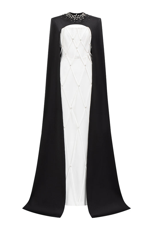 Strapless Bustier Column Evening Gown With Crossed Straps Detail And Outer Long Cape