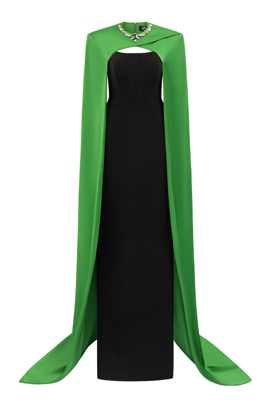 Strapless Bustier Column Evening Gown With Outer Long Cape