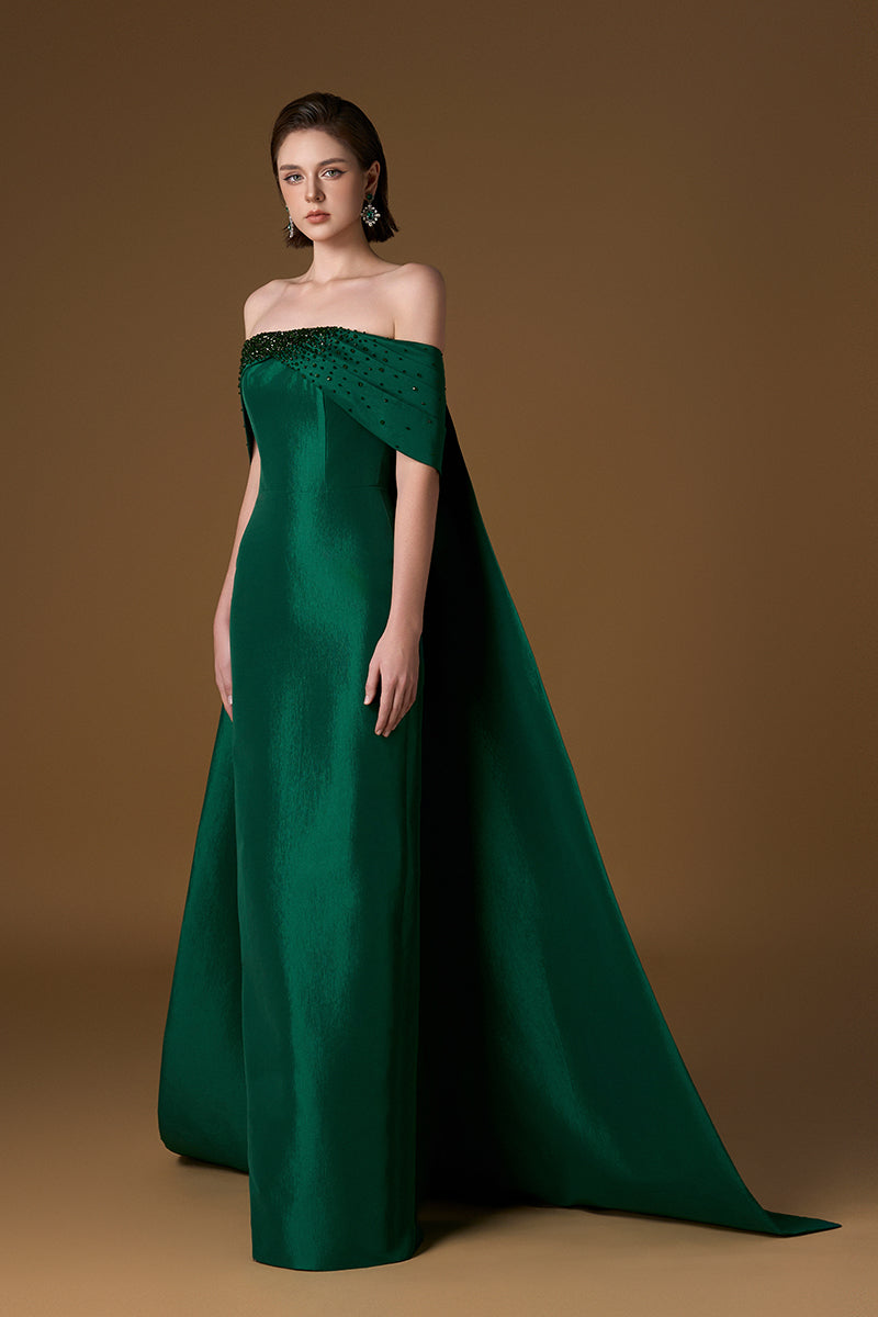 Strapless Bustier Column Gown With Draped Off-Shoulder Details In Green Taffeta