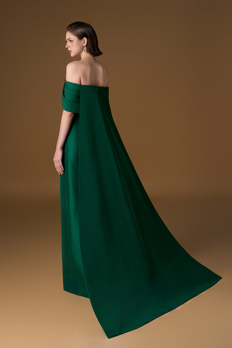 Strapless Bustier Column Gown With Draped Off-Shoulder Details In Green Taffeta