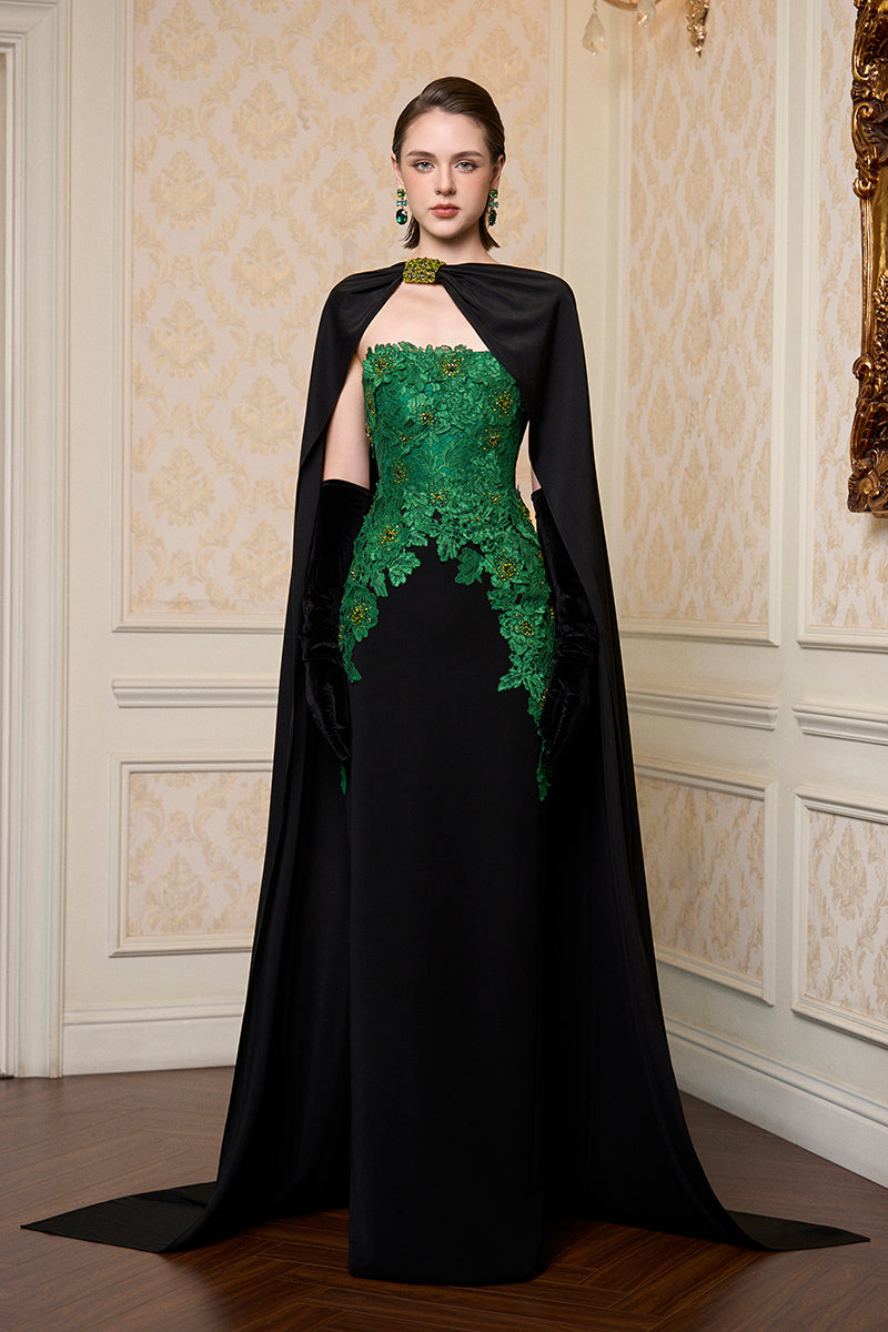 Strapless Column Gown With Long Cape In Dark Green French Lace & Black Crepe