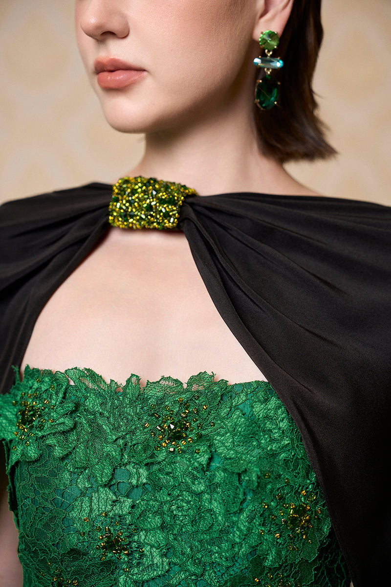 Strapless Column Gown With Long Cape In Dark Green French Lace & Black Crepe