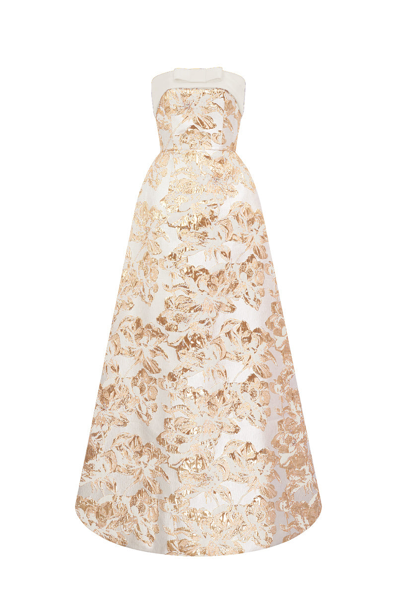 Strapless Ballgown With Draped Bow Detail In Agate Silk And Beige Jacquard