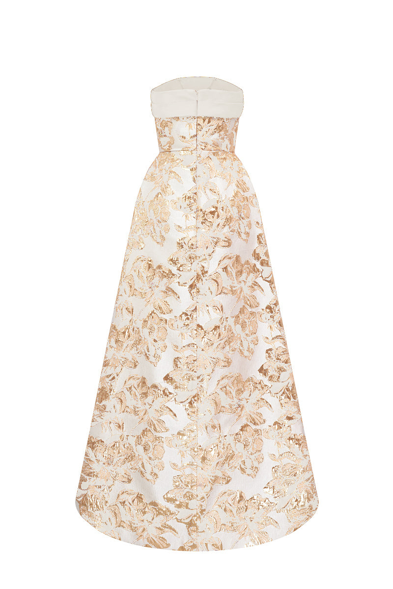 Strapless Ballgown With Draped Bow Detail In Agate Silk And Beige Jacquard