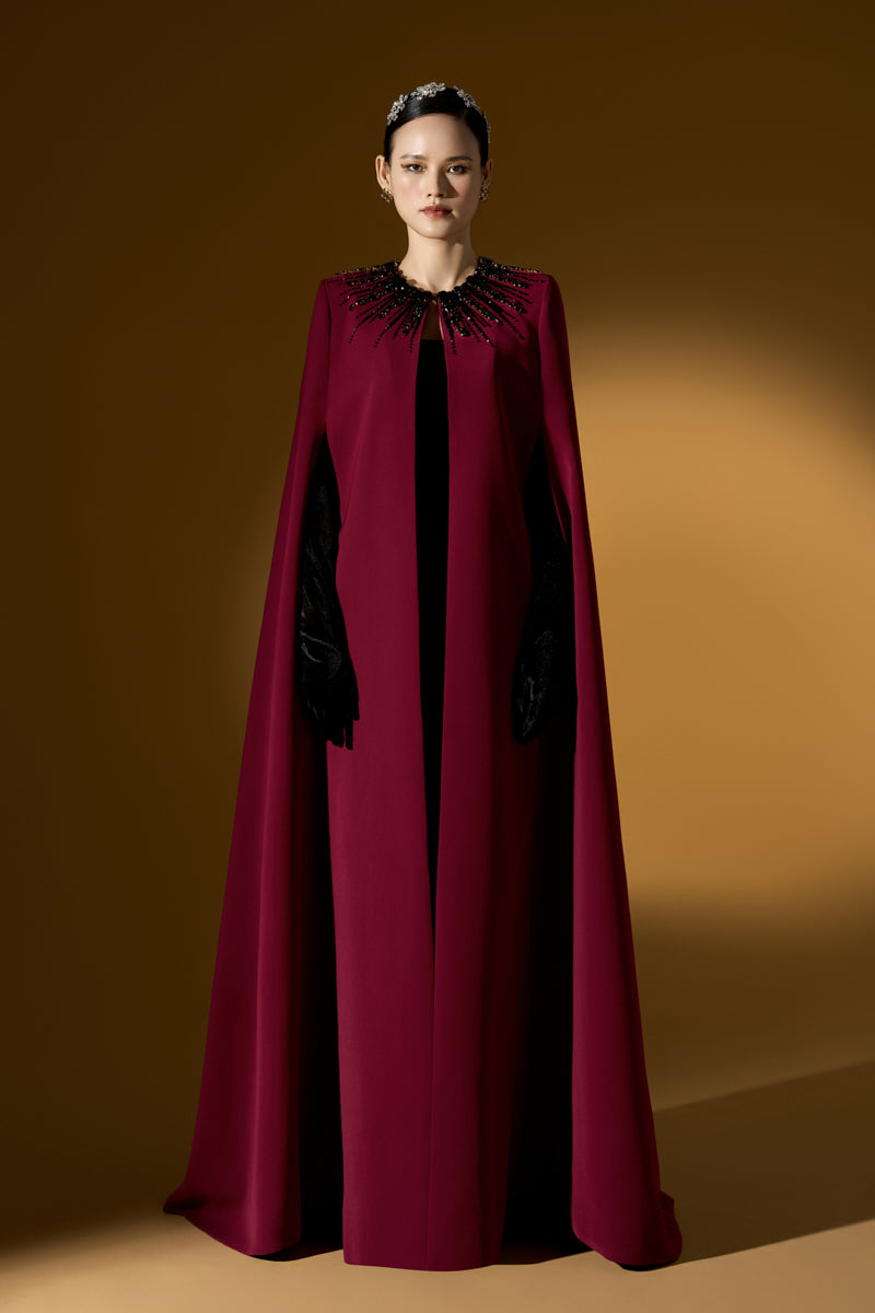 Strapless Burstier Column Gown With Long Cape