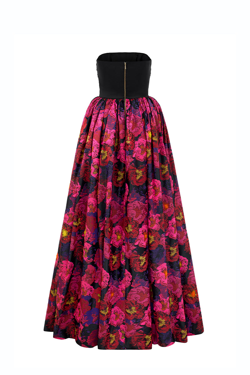 Strapless Bustier Ball Gown With Draped Details In Black Taffeta And Pink Floral Jacquard