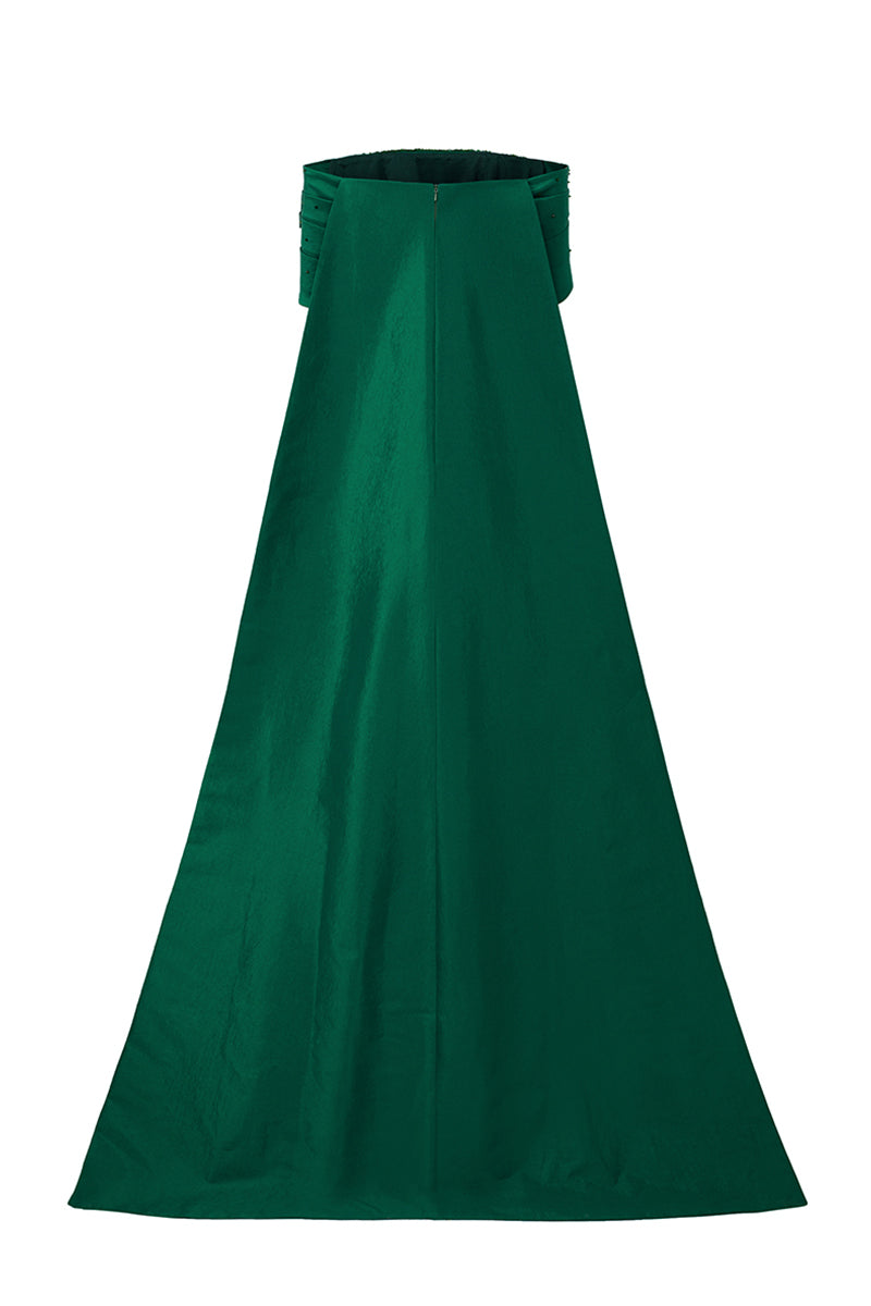 Strapless Bustier Column Gown With Draped Off-Shoulder Details In Green Taffeta