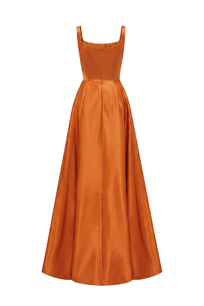 Orange Taffeta A-Line Dress With A Square Neckline