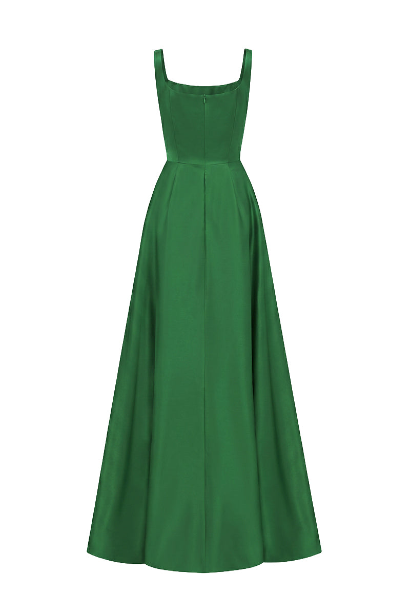 Green Taffeta A-Line Dress With A Square Neckline