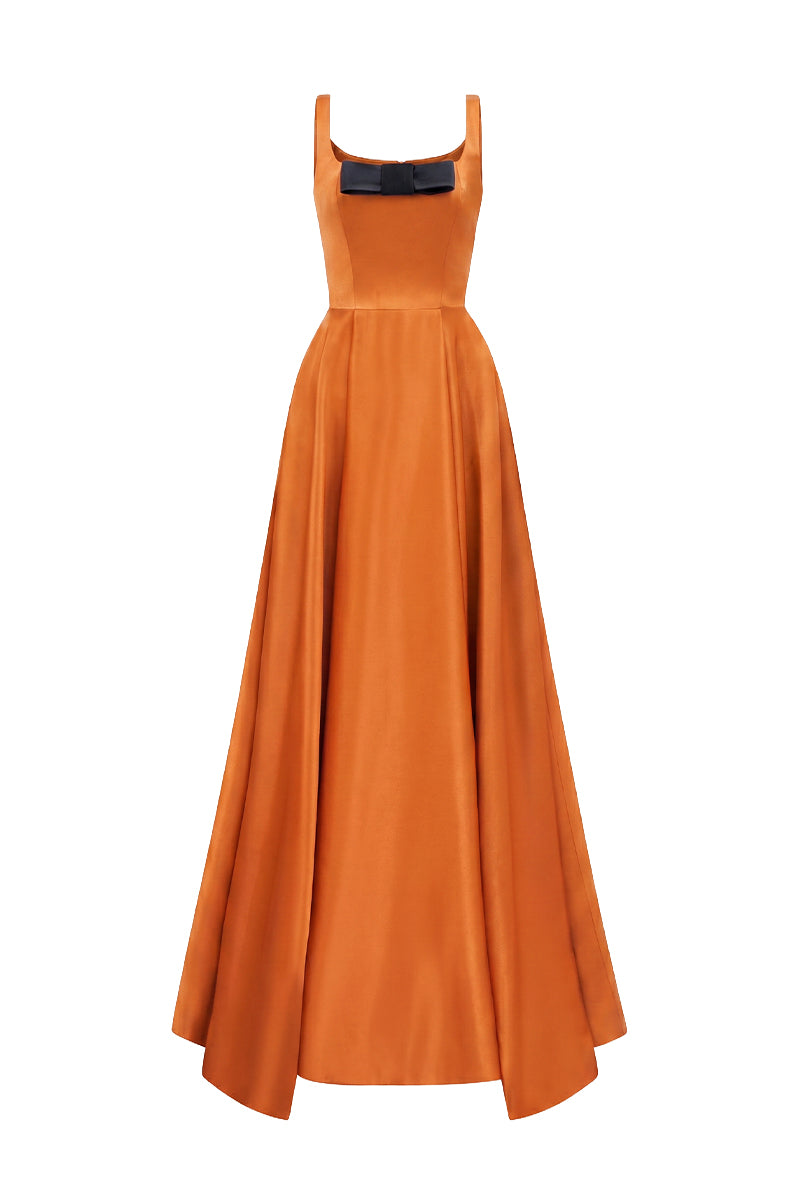 Orange Taffeta A-Line Dress With A Square Neckline